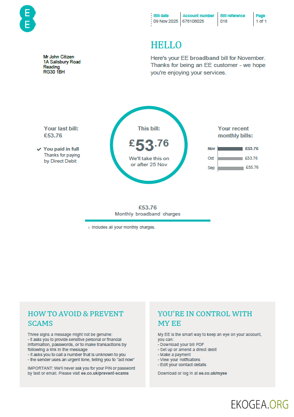 United Kingdom EE utility bill template in Word and PDF formats, version 2